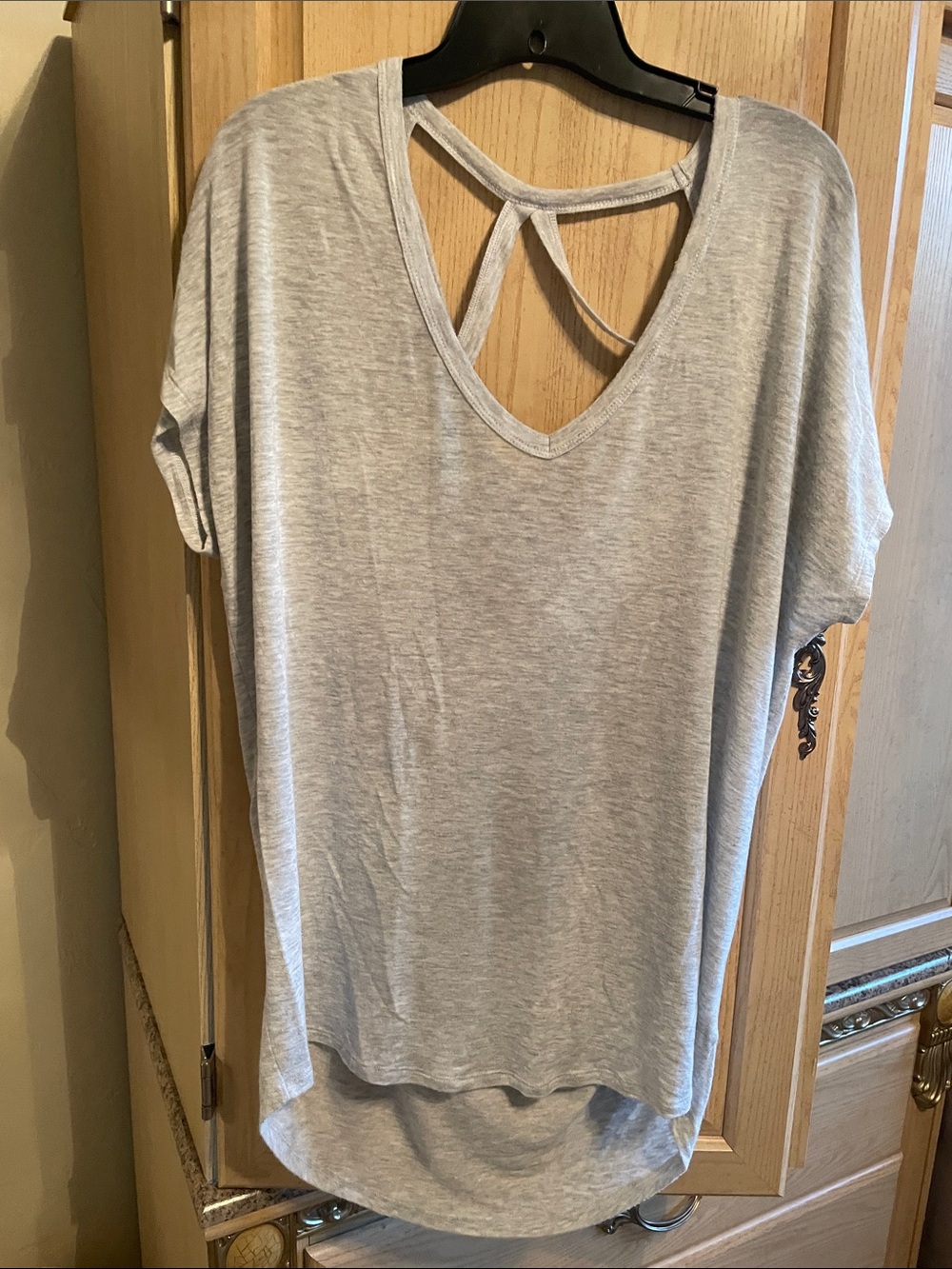 Express Light Gray V-Neck Short Sleeve Top with Strappy Back